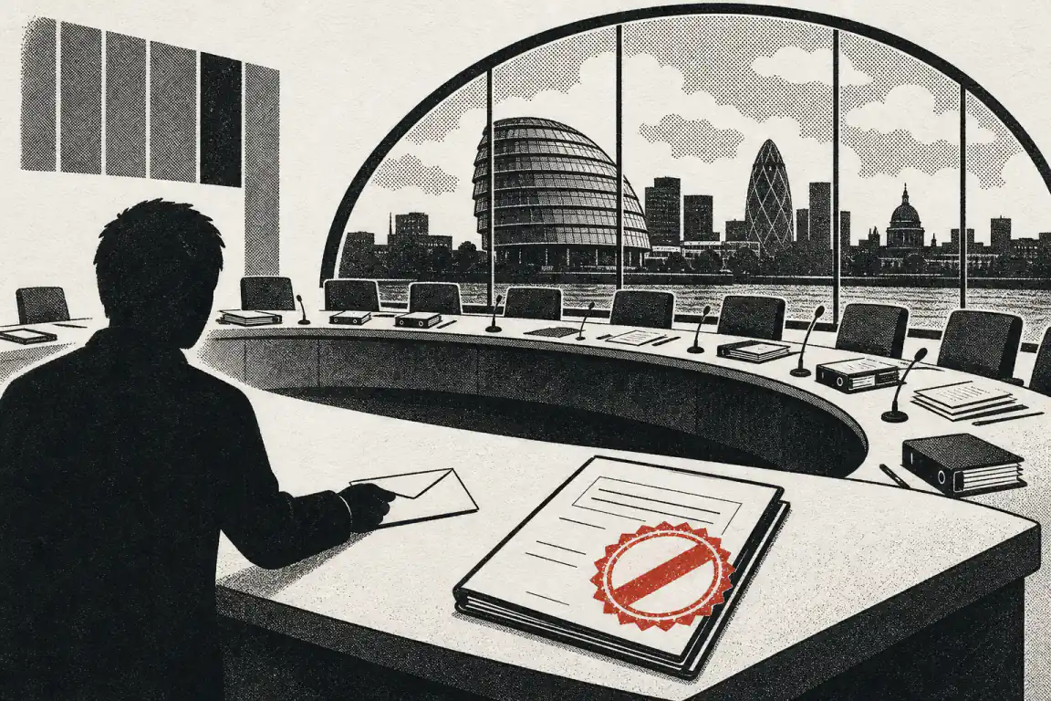 An empty London committee chamber with a curved bench overlooking the Thames and City Hall. A silhouetted figure sets down an envelope beside a closed document stamped with a bold red rejection mark.
