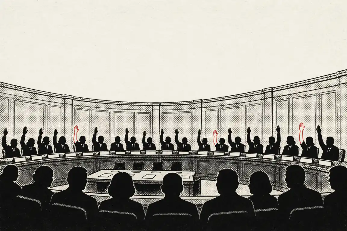 Members seated around a horseshoe-shaped chamber bench raise their hands in a vote. Most hands are solid black; three, spaced along the bench, are outlined in red.