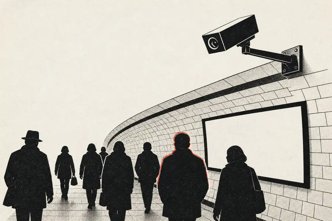 A camera on a wall bracket looks down over a tiled Underground passage as commuters walk through in silhouette. One figure near the centre is traced in a thin red outline, picked out from the rest of the crowd.