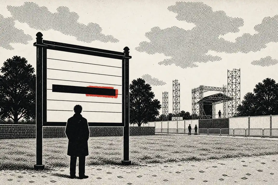 A figure stands before a park noticeboard ruled with blank lines of a report; one line is blacked out under a red mark. Behind the board, festival scaffolding, a stage rig and temporary fencing rise across the park.