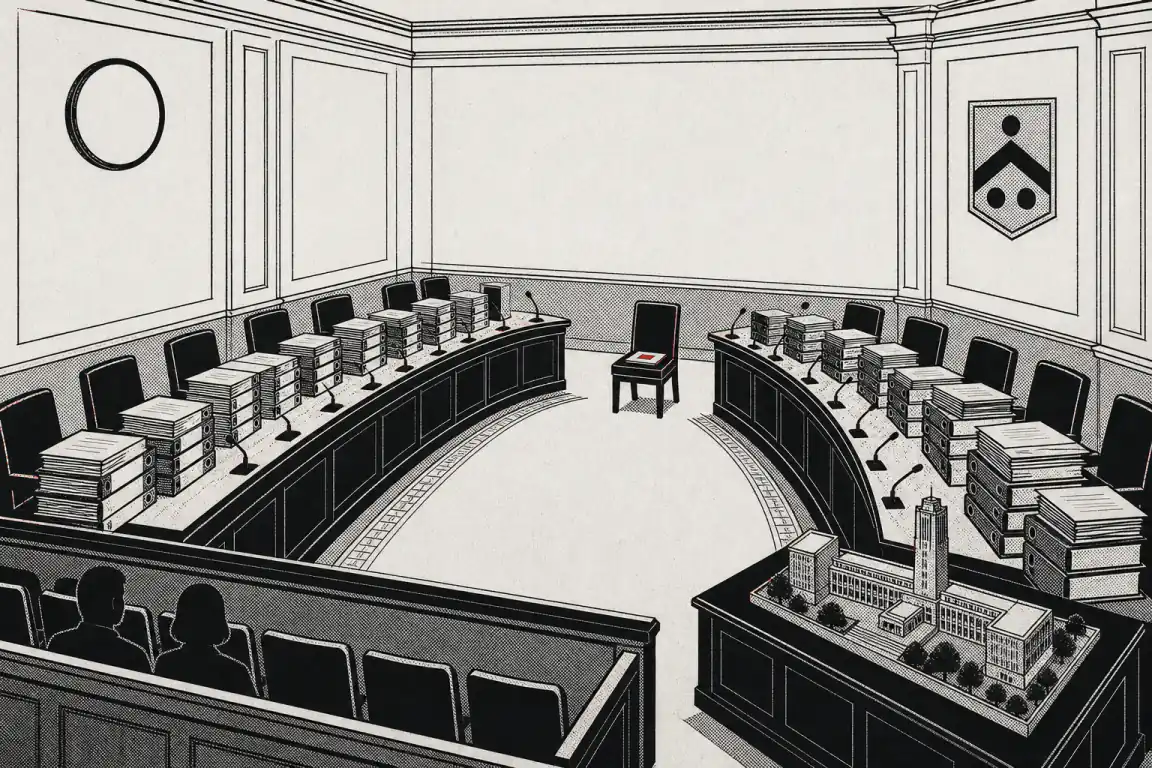 A council chamber's horseshoe bench is stacked high with binders for its existing advisers, while a single new chair at the end holds a slim folder marked with a red seal.