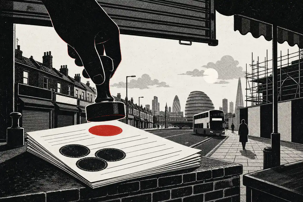 A stamp descends over a stack of licence application papers on a shopfront counter, pressing a red seal beside three black ones, with a leaning civic building on the London skyline behind.
