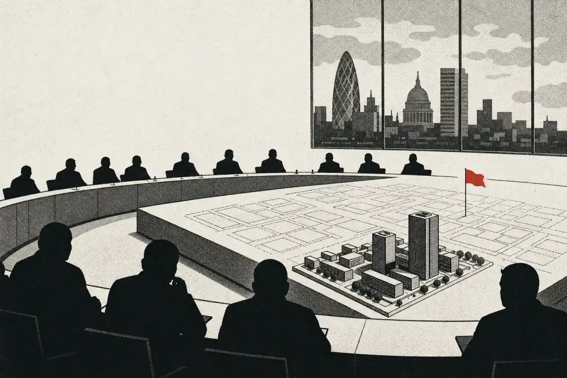 A council committee, seen from behind, faces a large scale model of a housing estate. Only a small cluster of the model is built up in solid blocks; the rest of its footprint is empty, ruled-out ground marked by a single red flag. A London skyline is visible through the windows behind the bench.