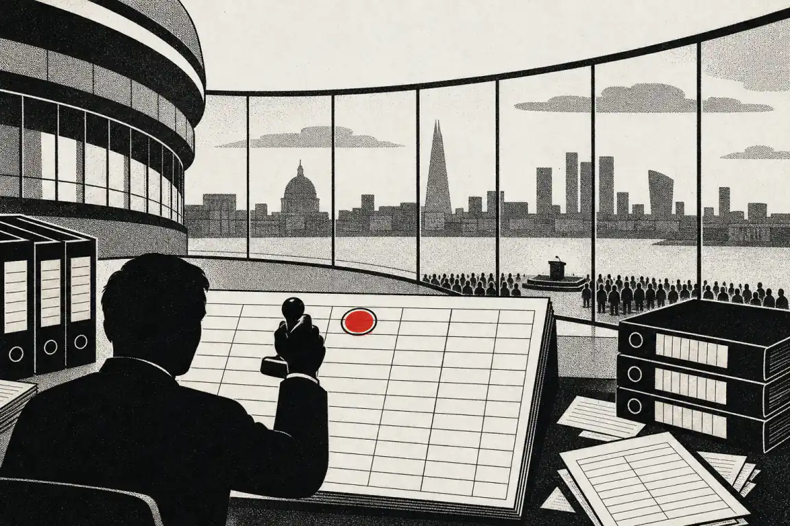 A clerk, seen from behind in a curved glass civic office, stamps a single row of a large blank ledger table in red ink, while outside the window a small crowd gathers at a distant lectern before the London skyline.