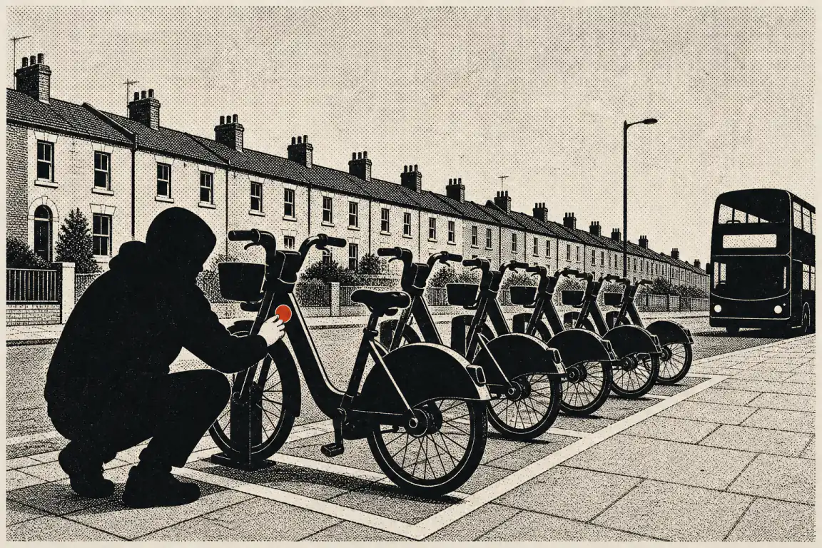 A figure crouches beside a row of identical dockless bikes parked in a pavement corral, pressing a small red tag onto the nearest frame, with terraced housing and a bus behind.
