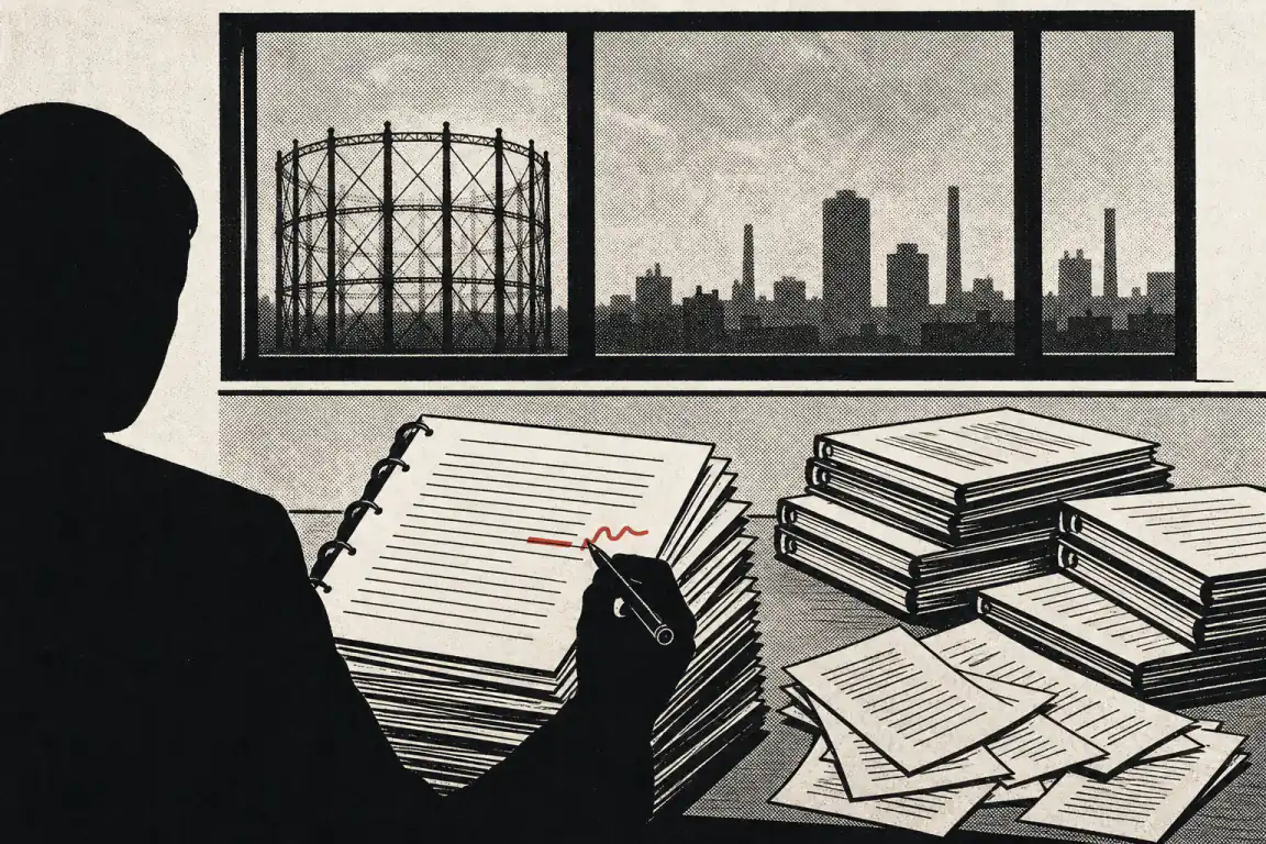 A council officer, seen in silhouette, strikes through and rewrites a line on the top sheet of a towering stack of contract paperwork on an office table. Beyond the window, a gasholder and a distant skyline stand under a flat sky.