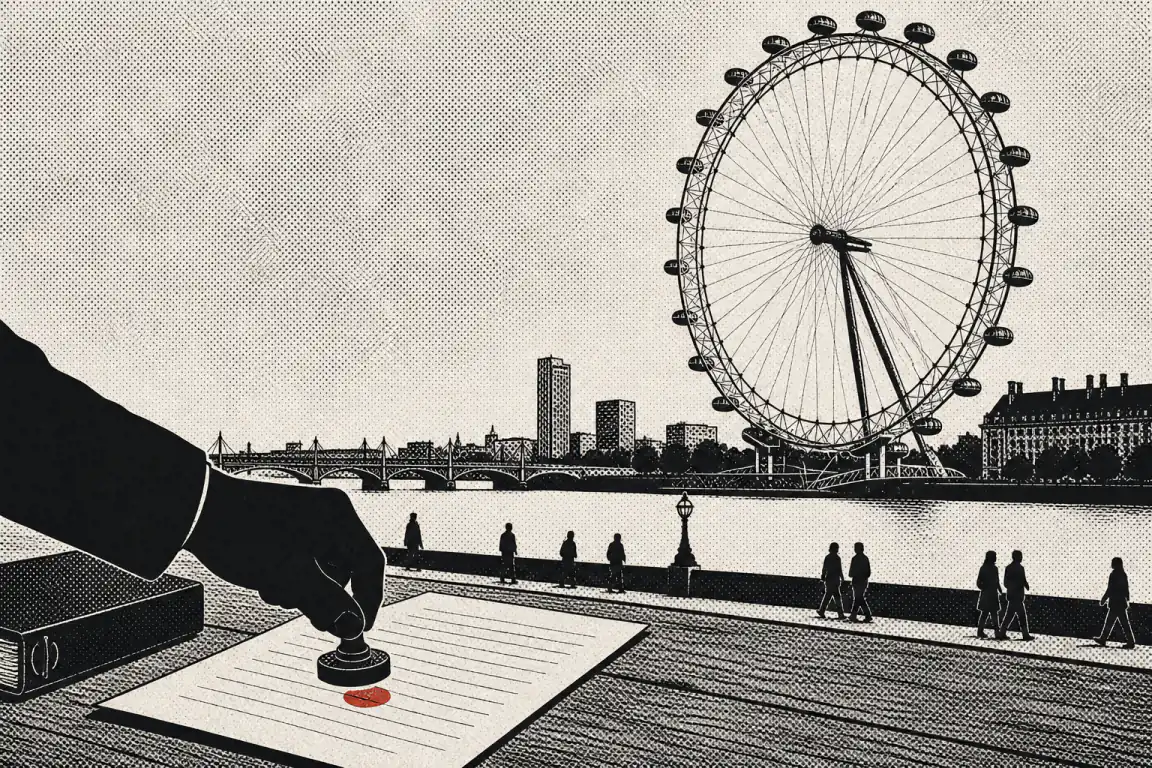 A hand stamps a ruled but blank document in the foreground, a single red mark of ink on the page, while the London Eye and the South Bank skyline rise large behind it across the river, with small figures walking the riverside path below the wheel.