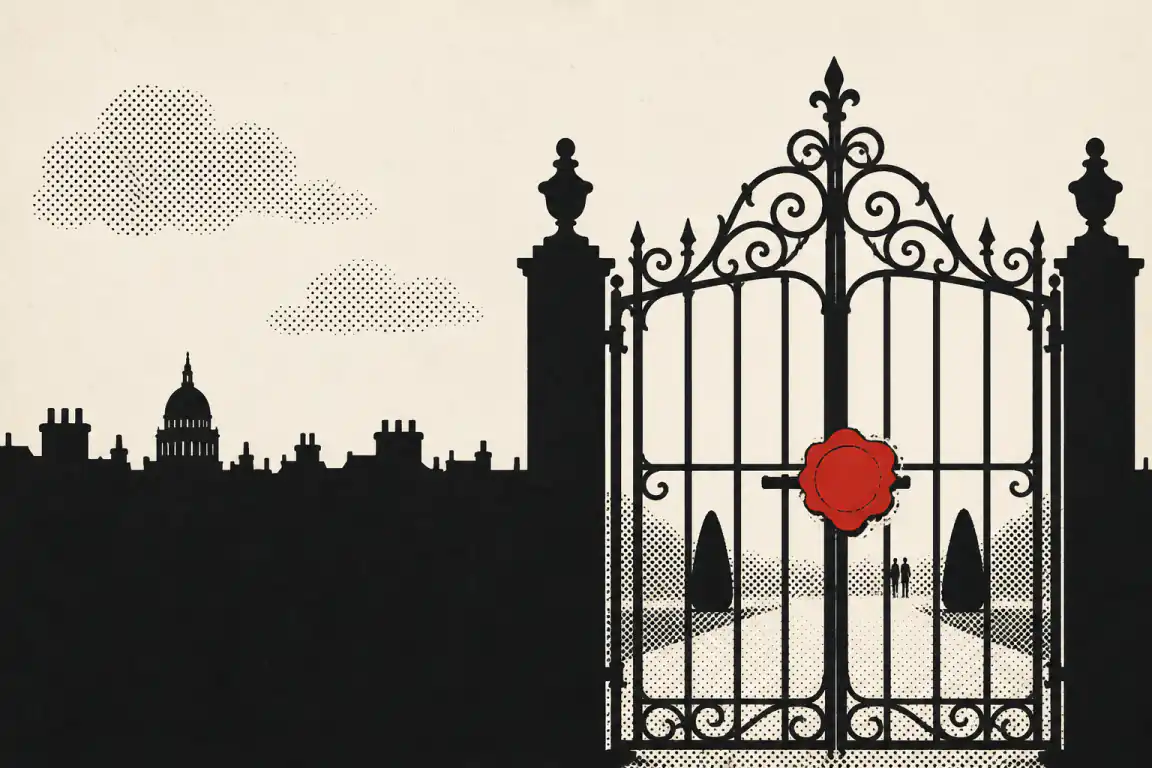 An ornate iron gate to a walled garden stands closed, with a red wax seal pressed over the latch where the two halves meet. Beyond the bars, a path leads through clipped hedges towards a distant London skyline.