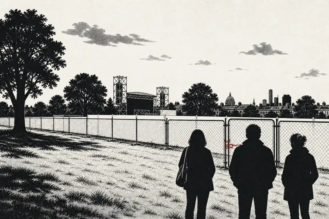 Park-goers stand at a locked chain-link gate along a long festival fence that cuts across Brockwell Park, with stage scaffolding visible behind it and the London skyline beyond. The gate's chain is picked out in red.