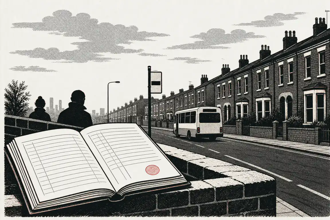 A council ledger lies open on a garden wall, its pages blank but for a single red stamp mark, while a minibus is already driving away down a London terraced street.