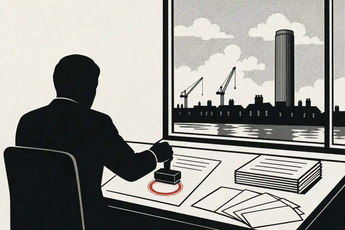 A council officer, seen from behind, presses a stamp onto a blank ruled document at a desk. The stamp leaves a single red ring with nothing inside it. Beside the papers sit more blank sheets and a fan of blank ballot-shaped cards. Through the window behind, a riverside skyline shows a tall tower, cranes and a terrace roofline.
