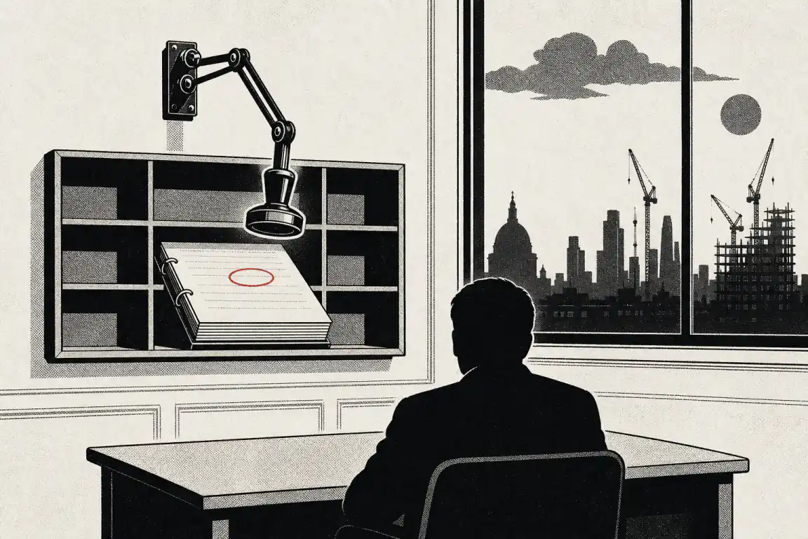 A single ring-bound document sits in a council office pigeonhole shelf beneath a stamp suspended in mid-air, its mark left as a bare red ring. A back-of-head figure sits at a desk facing a window, beyond which cranes and scaffolding rise against a London skyline.
