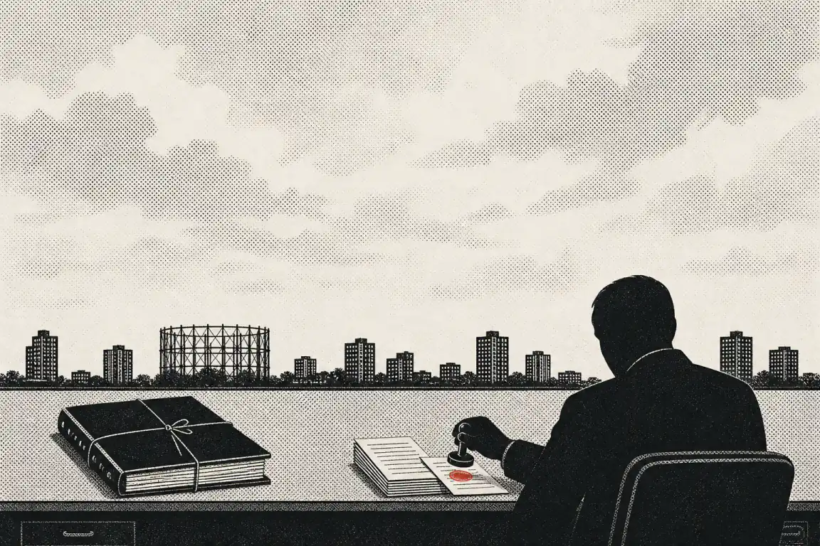 A council officer, seen from behind at a desk, stamps a ballot paper in favour. Beside it lies a thick document bound shut with string, untouched. Behind them, a low skyline of residential towers and an old gasholder frame marks the Vauxhall area.