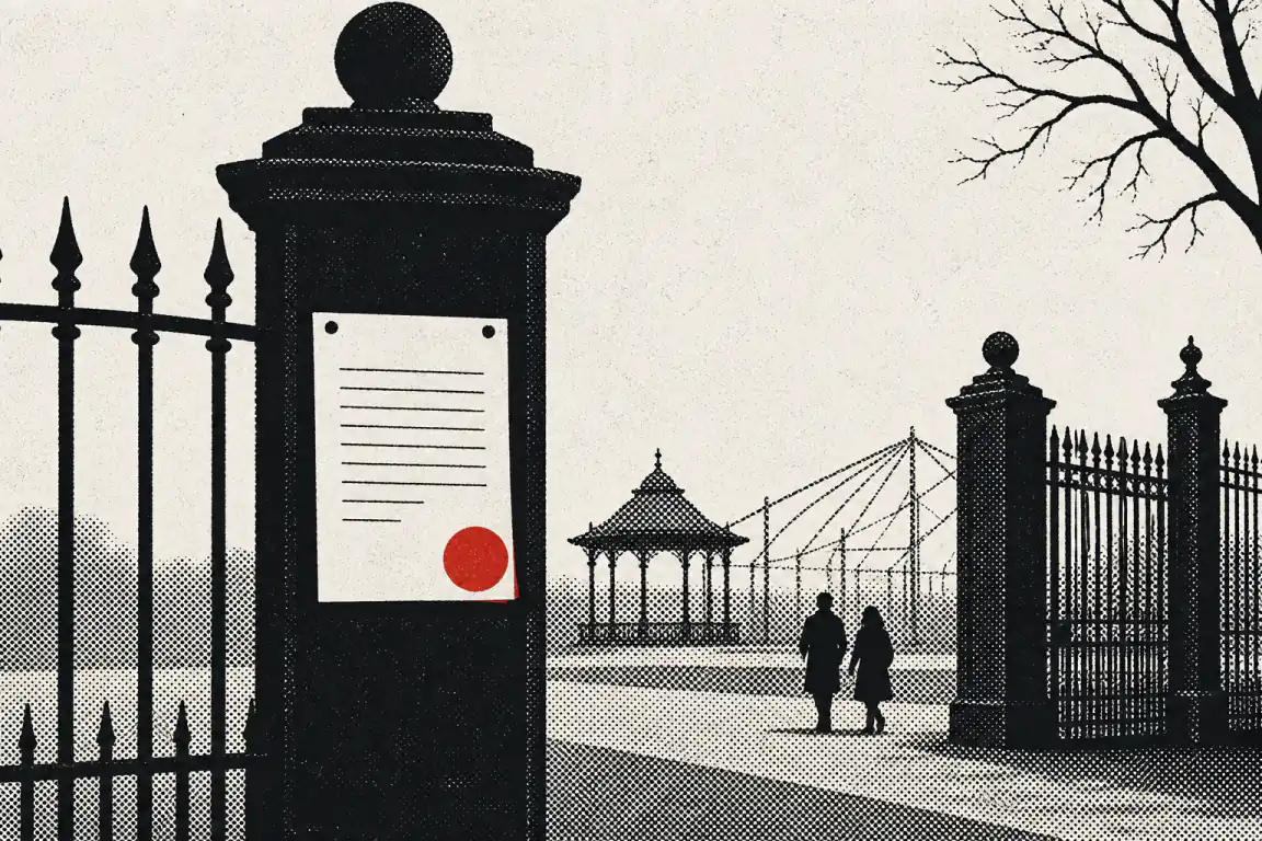 A blank notice stamped with a red seal is pinned to a park gatepost, with a bandstand and marquee framework visible beyond the railings.