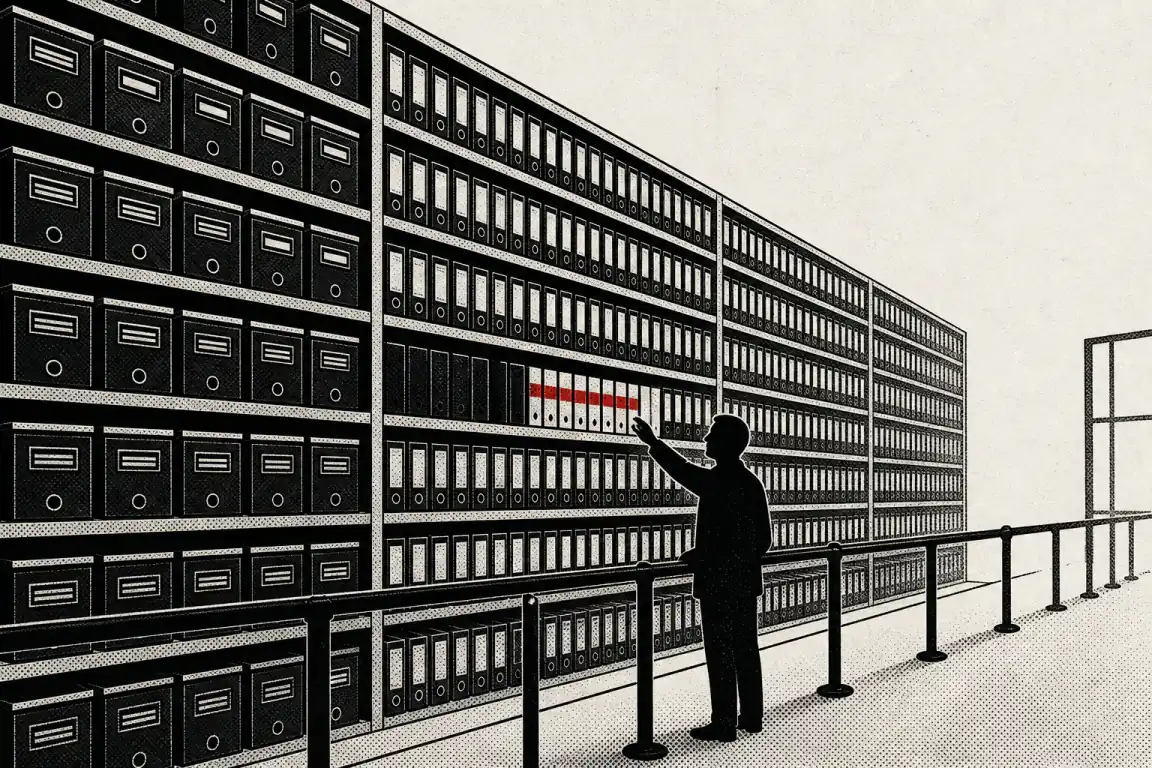 A silhouetted figure reaches from behind a barrier towards a wall of box files and ring binders in a council records archive; a small cluster of files on the blocked shelf carries a red seal.