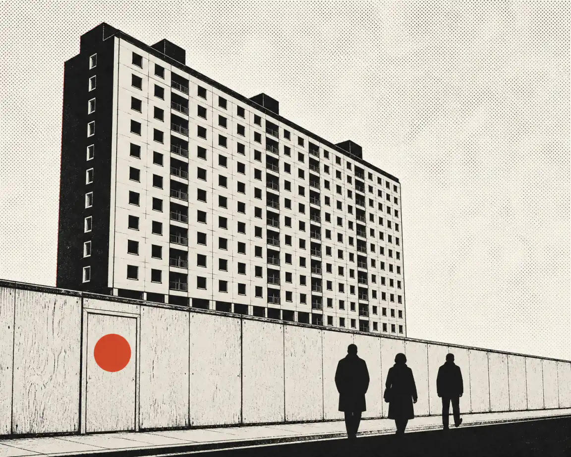A tall post-war residential block rises behind a construction hoarding on a London estate. One door in the hoarding is marked with a single red circle, while small figures walk past on the pavement below, dwarfed by the building.