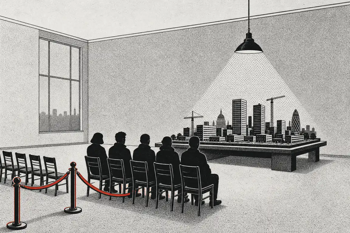 A handful of silhouetted attendees sit before a large scale model of London's towers and cranes under a single hanging light, while a red cordon rope blocks off a row of empty chairs beside them.