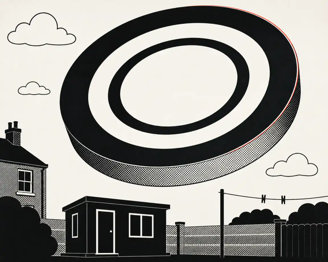 An oversized blank stamp hovers over a small prefabricated garden shed in a suburban back garden, dwarfing it, with a thin red line marking the stamp's misaligned rim.