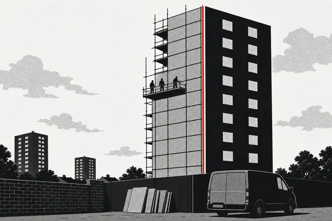 A post-war London tower block is split down the middle by scaffolding and insulation cladding on one half, bare brick on the other, with a red line marking where the retrofit work stops. Small figures work on a scaffold platform, and a supplies van waits below.