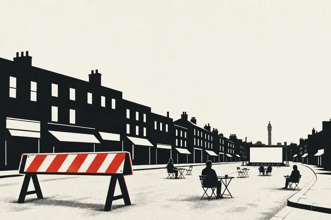 A striped road-closure barrier stands across a London terraced street, its red stripe the only colour in the picture. Behind it the road is empty of cars, set instead with café tables and a blank outdoor screen.