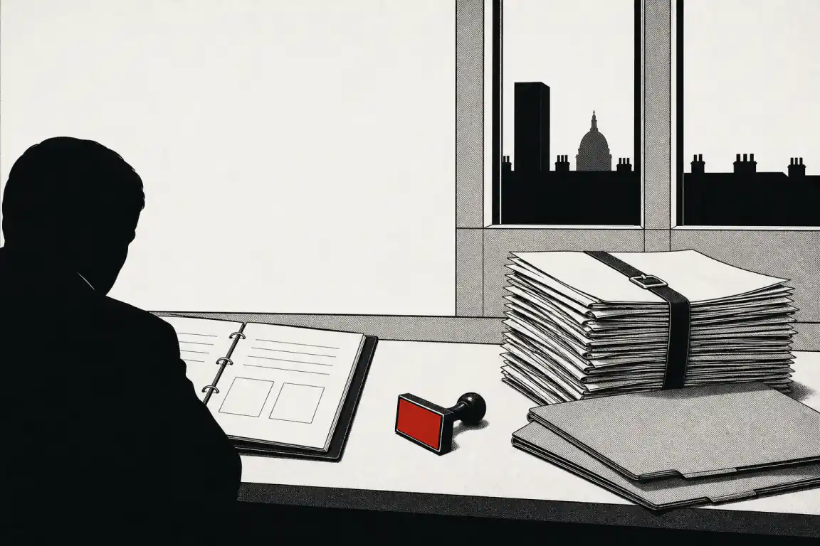 A silhouetted civic clerk examines an open decisions register beside a large bundle of unfiled papers. An unused red authorisation stamp lies between them.