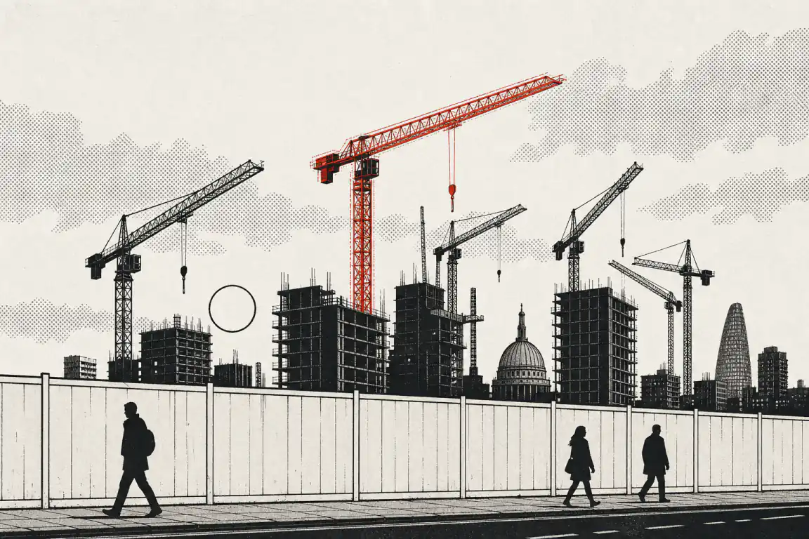 A London skyline of cranes and part-built tower blocks rises behind a blank site hoarding, with small figures walking past on the pavement below. One crane, motionless among the others, is picked out in red.