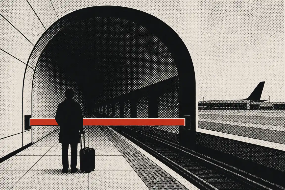 A traveller with a suitcase stands before a red barrier sealing off a tunnel toward the airport, an aircraft tail visible in the distance.