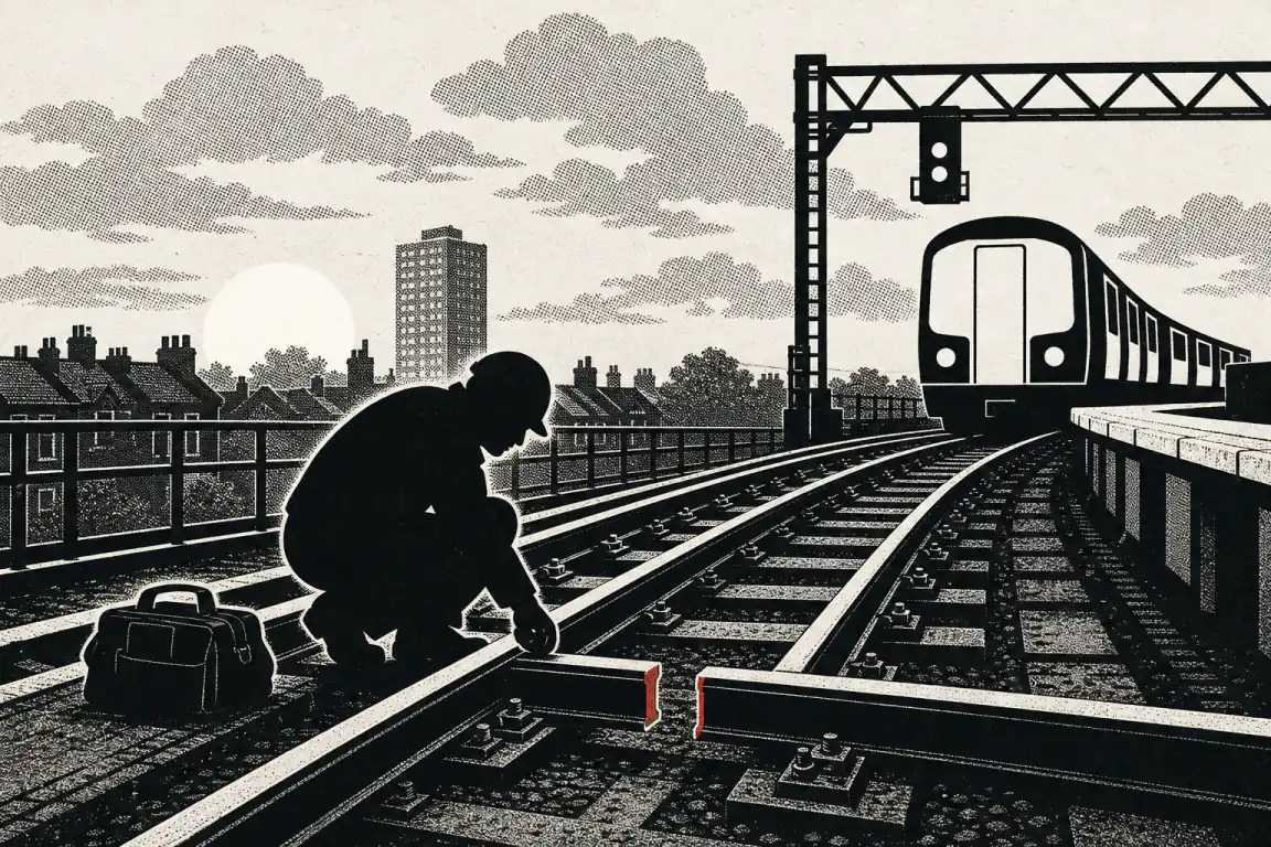 A trackside worker crouches over a broken section of elevated rail, its cut edges marked in red, while a stopped train waits under a signal gantry behind him.
