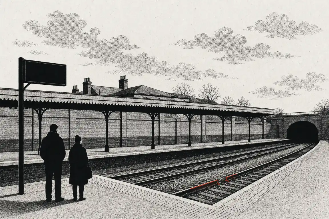 A station platform stands empty under a blank departure board, two silhouetted passengers waiting on the near platform. The tracks run bare toward a tunnel mouth, with a short broken section of rail picked out in red.