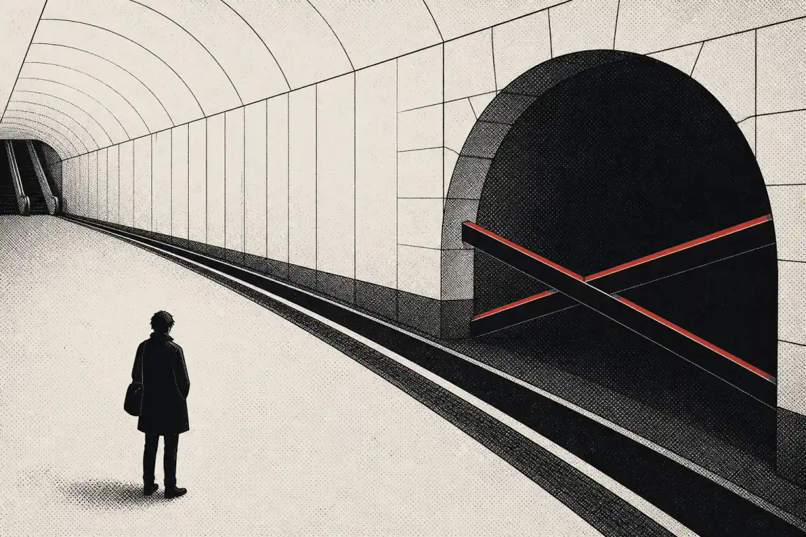 A lone traveller stands on an empty Underground platform where the tunnel ahead is sealed off by crossed barriers, a red stripe marking the closure.