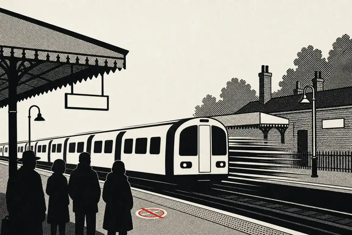 Commuters wait as a Piccadilly line train runs straight through a suburban platform without stopping, a red diagonal line crossing out the spot on the platform where it should have halted.