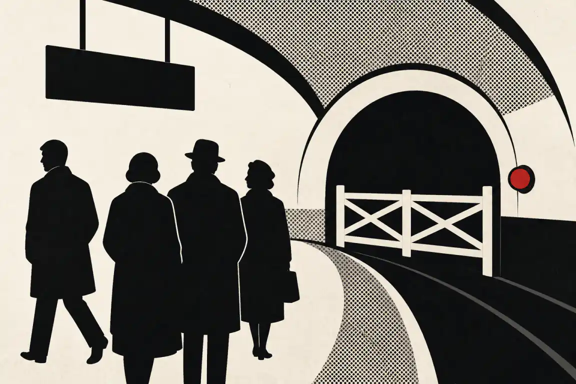 Silhouetted commuters turn away from a barred tunnel mouth on a curving underground platform. A single red signal lamp beside the closed gate marks the fault halting trains.