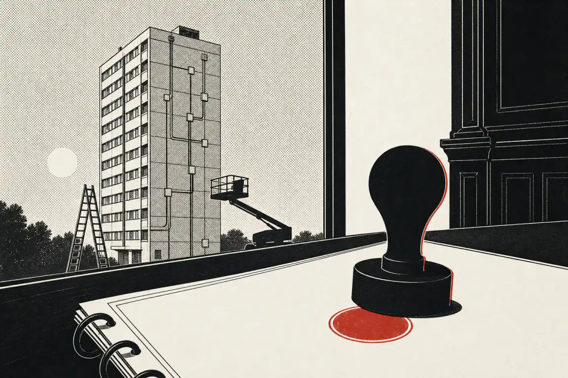 A large rubber stamp presses down onto a blank document on a council table, leaving a single round red ink mark. Outside the chamber window, a tower block stands smaller in the frame, its exterior already fitted with electrical conduit and junction boxes, an empty ladder and cherry picker left beside it with no one working.