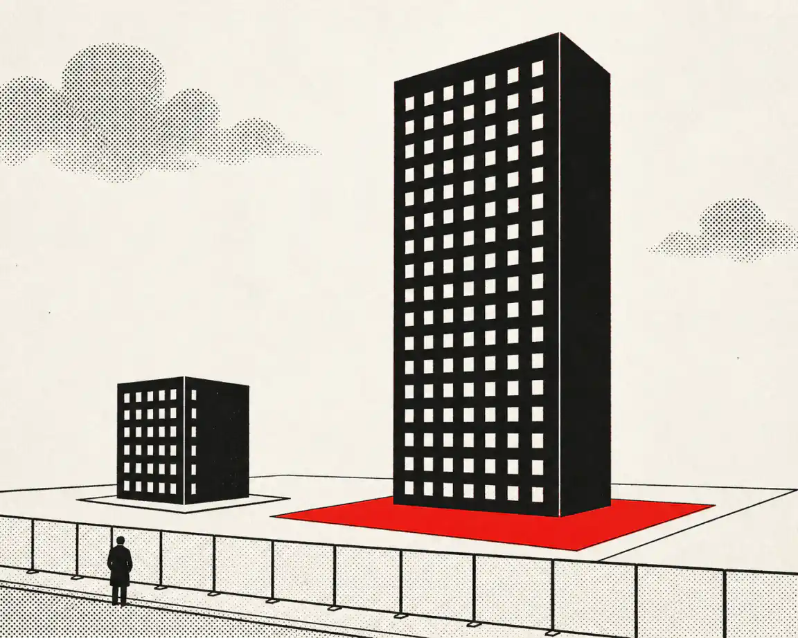 Two building blocks stand on a shared, fenced construction site: a tall, many-storeyed tower whose ground footprint is marked in red, beside a much smaller block on plain, unmarked ground.