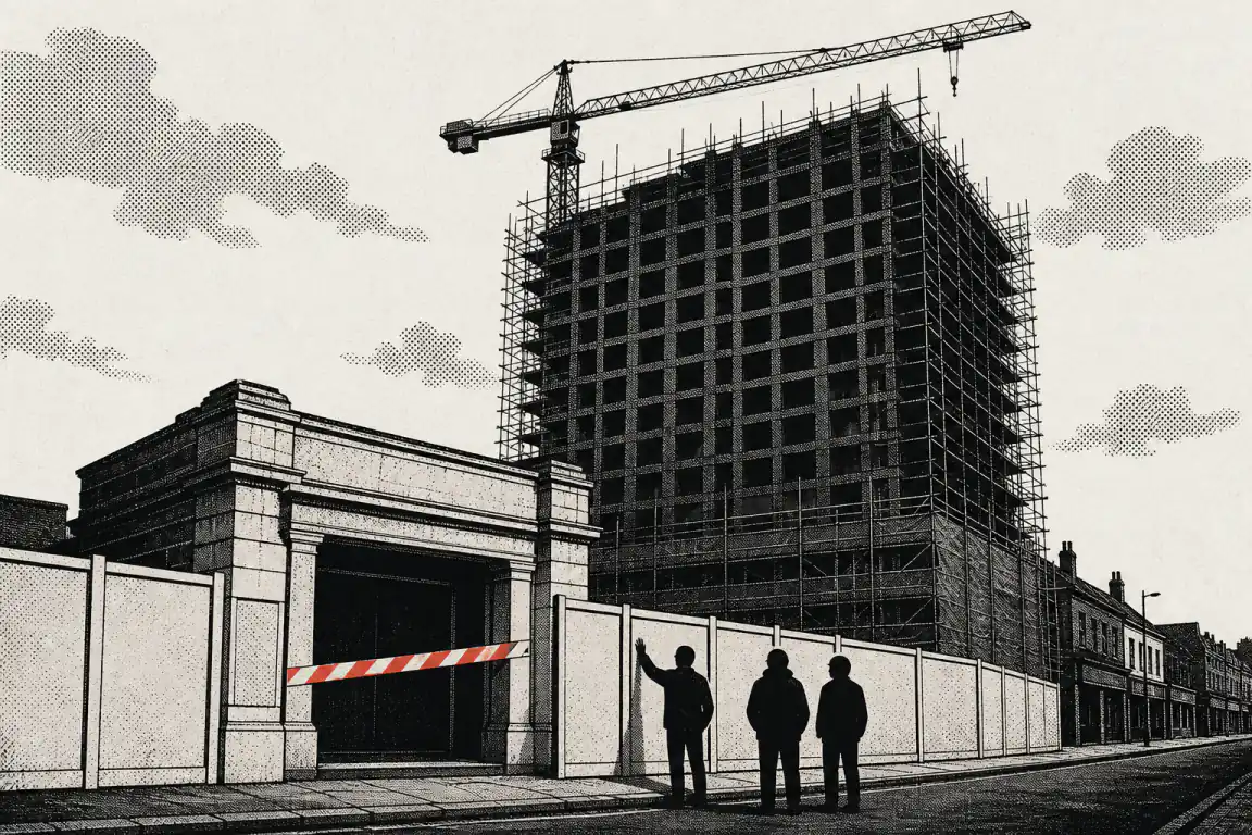 A small Tube station entrance stands hoarded off and barred with red-striped tape, dwarfed beneath the scaffolded shell of a huge tower rising above it, with onlookers on the pavement below.