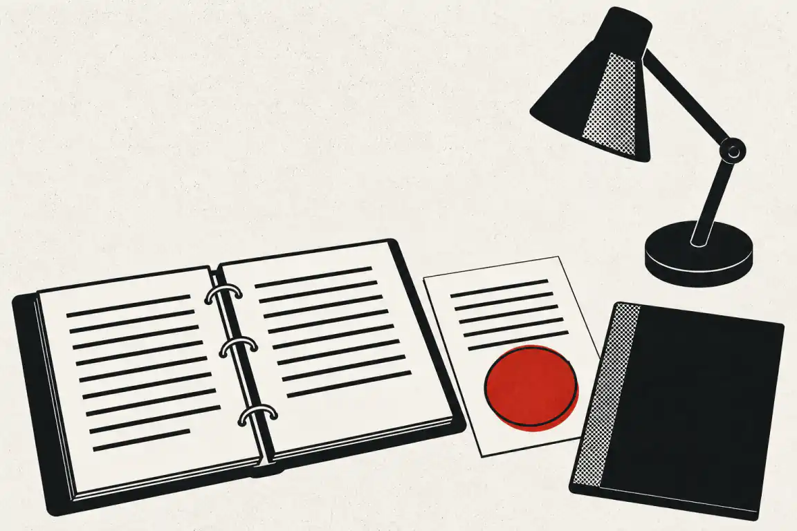 A ring binder and loose papers ruled with blank lines lie on a desk beside a closed folder and a lamp, one page marked with a blank red stamp.