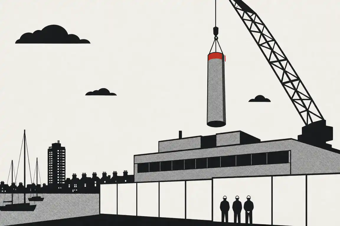 A crane lifts a capped gas flue from the roof of a low-rise leisure centre beside a dock basin, with small figures in hard hats watching from behind a site hoarding and a residential tower and terrace rooftops in the distance.