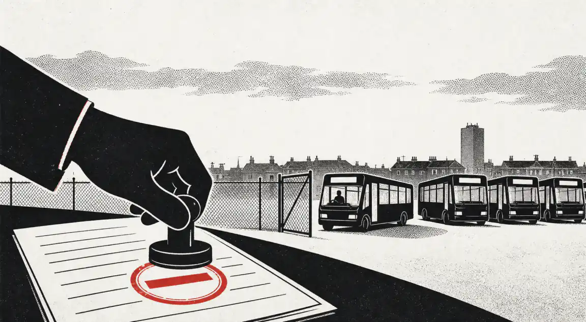 A hand stamps a blank official mark onto a ruled document in red ink, while beyond a depot fence a row of identical minibuses stands parked, one pulling alone through an open gate.