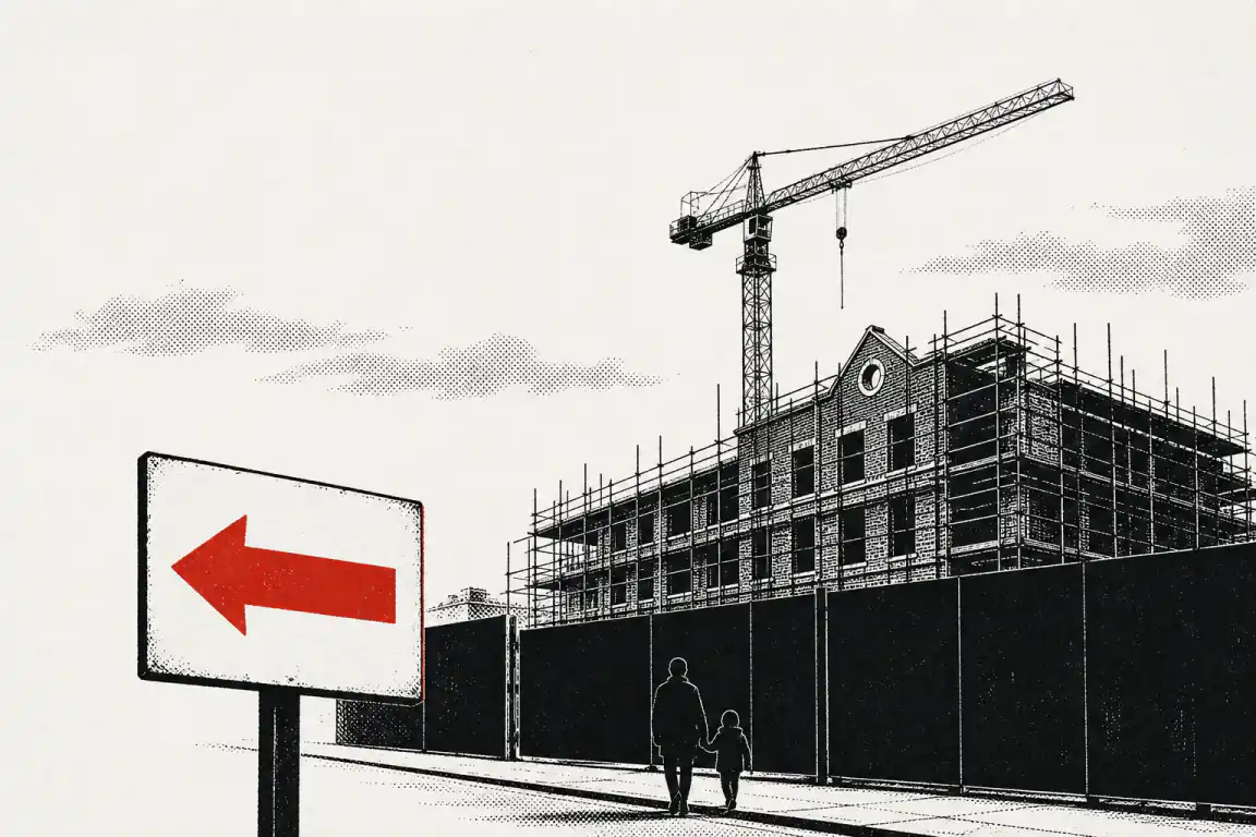 A part-built school stands behind construction hoarding and scaffolding, a tower crane rising above it. In the foreground a blank road sign carries only a red arrow pointing off the edge of the frame, naming no destination, as two figures walk past hand in hand.