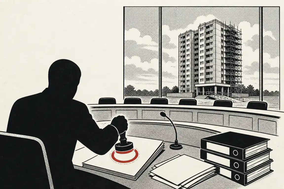 A council officer, seen from behind, presses a red stamp onto paperwork at a committee bench, while through the window behind them a housing tower stands with scaffolding and a part-built ramp at its entrance.