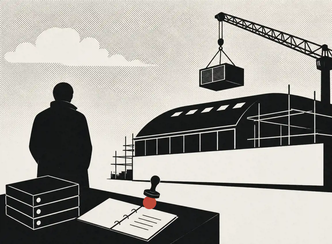 An official stands at a desk stacked with closed ring binders beside one open, blank file where a red stamp lies unused, while beyond them a crane lowers a heat-pump unit onto a leisure centre wrapped in scaffolding.
