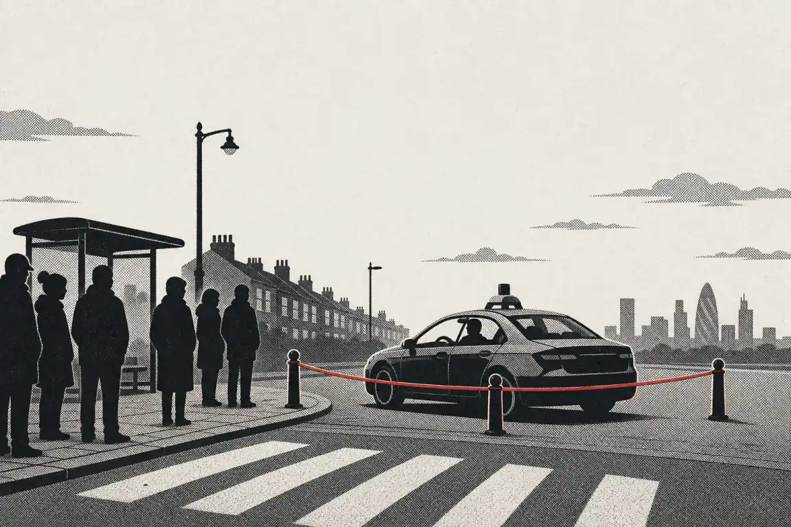 A car with a roof-mounted sensor pod sits behind a thin red cordon line on a London street, a driver silhouette still at the wheel, as a small crowd watches from a bus stop with terrace rooflines and a distant City skyline behind.