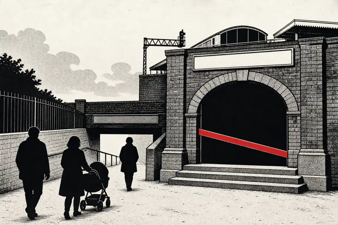 A brick station archway entrance boarded up and barred with a diagonal red closure bar, with people walking past it towards an open ramp, one pushing a pram.