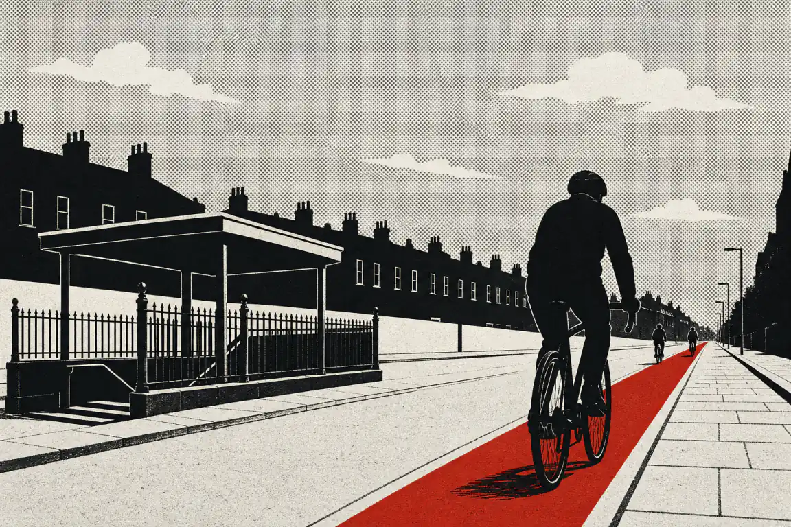 A cyclist rides down a red-painted cycle lane stretching the length of a London terraced street, while a small sunken Underground station entrance sits half-hidden to one side.