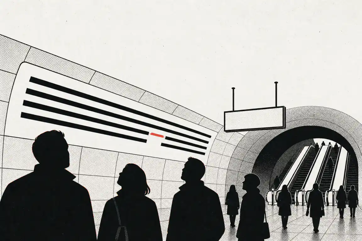 Commuters wait on an Underground platform beneath a wall panel showing several parallel transit lines; one line breaks off into a gap marked in red before continuing, while passengers head for an escalator bank beyond.