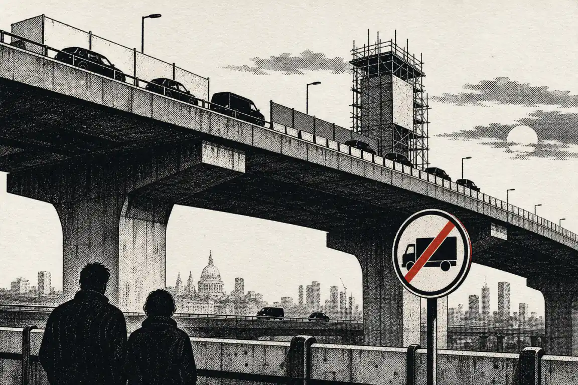 An elevated concrete flyover carrying queued traffic in a single narrowed lane past scaffolding wrapped round one of its piers, with two onlookers dwarfed beneath it and a roadside sign showing a lorry crossed through in red, marking the weight limit on the structure.