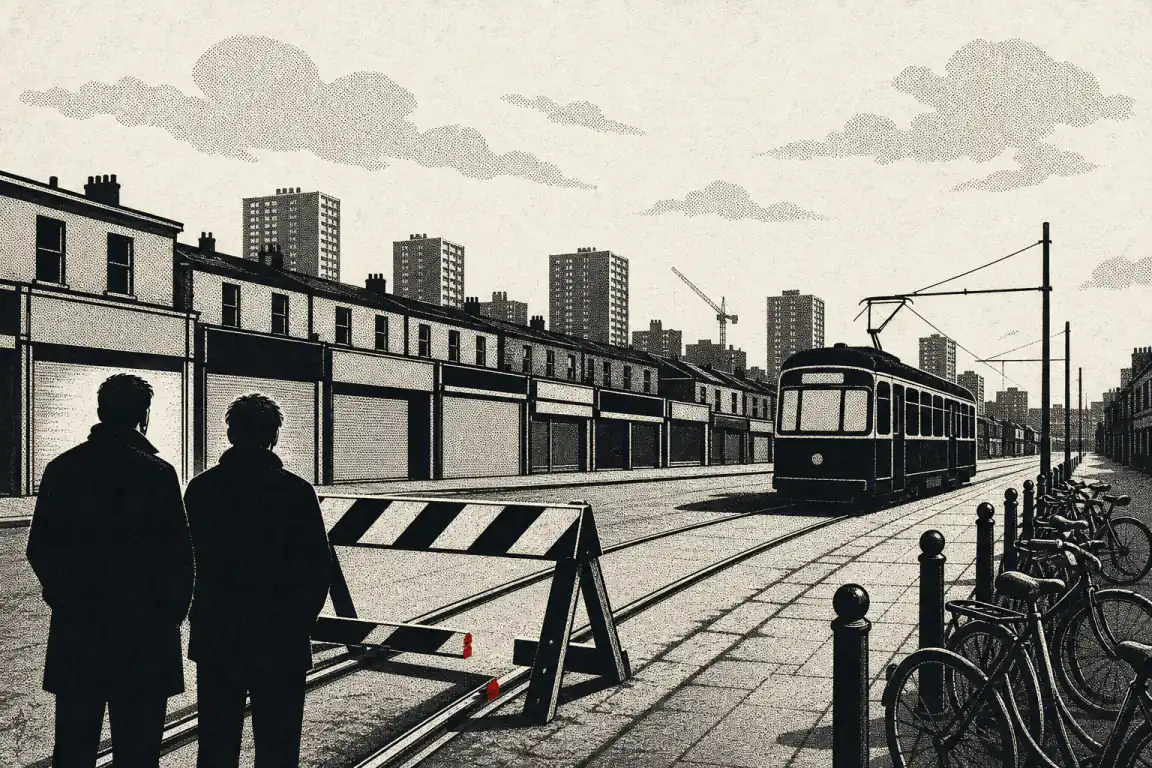 A tram halts at a striped barrier across its track on a Croydon street of shuttered terrace shops, tower blocks and a crane on the skyline behind. Two onlookers stand at the barrier in the foreground, and the two rail ends where the track has been cut are picked out in red.