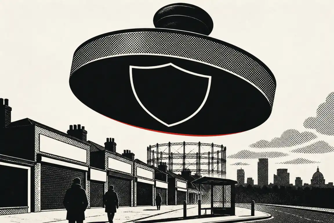 A giant stamp hangs over a row of shuttered Vauxhall shopfronts, about to press down on the street below, with a gasholder frame and the London skyline behind and two figures walking past.
