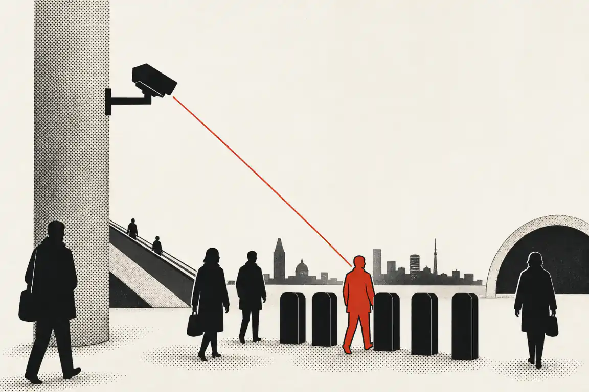 A camera mounted above a station gate line casts a scanning beam onto one commuter, picked out in red, while the rest of the crowd passes through the barriers as ordinary black silhouettes against a London skyline.